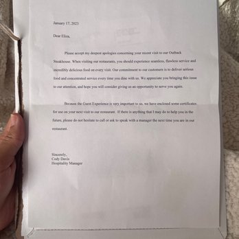 Outback Steakhouse - Letter of apology - Steakhouses Near Me - Oak Ridge, Tennessee