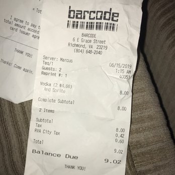 Barcode - Receipt - Gay Bars Near Me - Richmond, Virginia