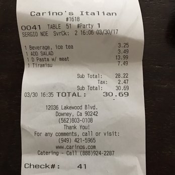 Johnny Carino's - These prices for crappy service?! Are you kidding me for one person?! Never again!!! - Italian Near Me - Downey, California Johnny Carino's - These prices for crappy service?! Are you kidding me for one person?! Never again!!! - Italian Near Me - Downey, California