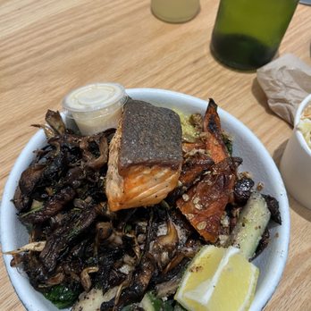 Naked Farmer - Marinated Cucumbers, Blue Oyster Mushroom Mix, Faroe Island Salmon, Maple Carrots, Golden Quinoa and Greens Base with lemon wedge and aioli - New American Near Me - Sunrise, Florida Naked Farmer - Marinated Cucumbers, Blue Oyster Mushroom Mix, Faroe Island Salmon, Maple Carrots, Golden Quinoa and Greens Base with lemon wedge and aioli - New American Near Me - Sunrise, Florida