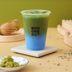 Odd One Out Tea Pasadena - Our Blue Matcha. A beautiful combination of real lavender leaves made into a syrup, blue spirulina, fresh organic milk and premium matcha