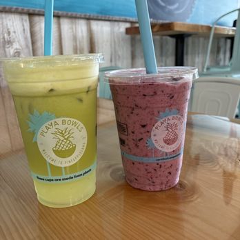 Playa Bowls - Green drink is Mermaid Fuel and Purple drink is Kowabunga. - Coffee & Tea Near Me - Fulshear, Texas Playa Bowls - Green drink is Mermaid Fuel and Purple drink is Kowabunga. - Coffee & Tea Near Me - Fulshear, Texas