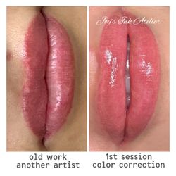 Brow Cafe - Lip blush correction. Session 1: correct the base color. Session2: blend and target color.