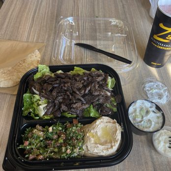 Zaky Mediterranean Grill - Beef and Lamb plate with Tabbouleh and Hummus and Cucumber yogurt and garlic sauce - Mediterranean Near Me - Upland, California
