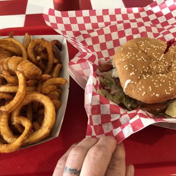 Granny's Drive-Tru - Bacon blue cheese burger and small curly fry $13.50 - Hot Dogs Near Me - Estacada, Oregon Granny's Drive-Tru - Bacon blue cheese burger and small curly fry $13.50 - Hot Dogs Near Me - Estacada, Oregon