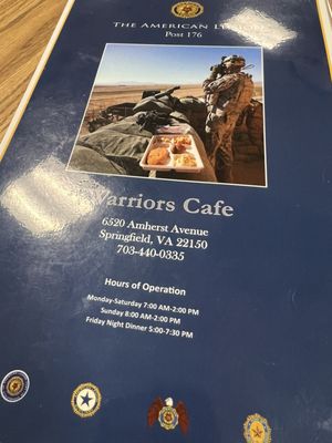 Menu photo 2 Warrior Cafe Post 176 Springfield, VA