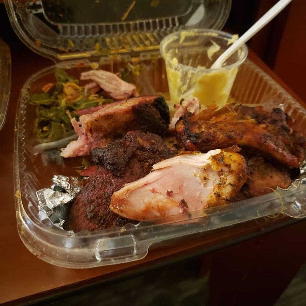 Ribs, chicken, potato salad, greens Ribs, chicken, potato salad, greens