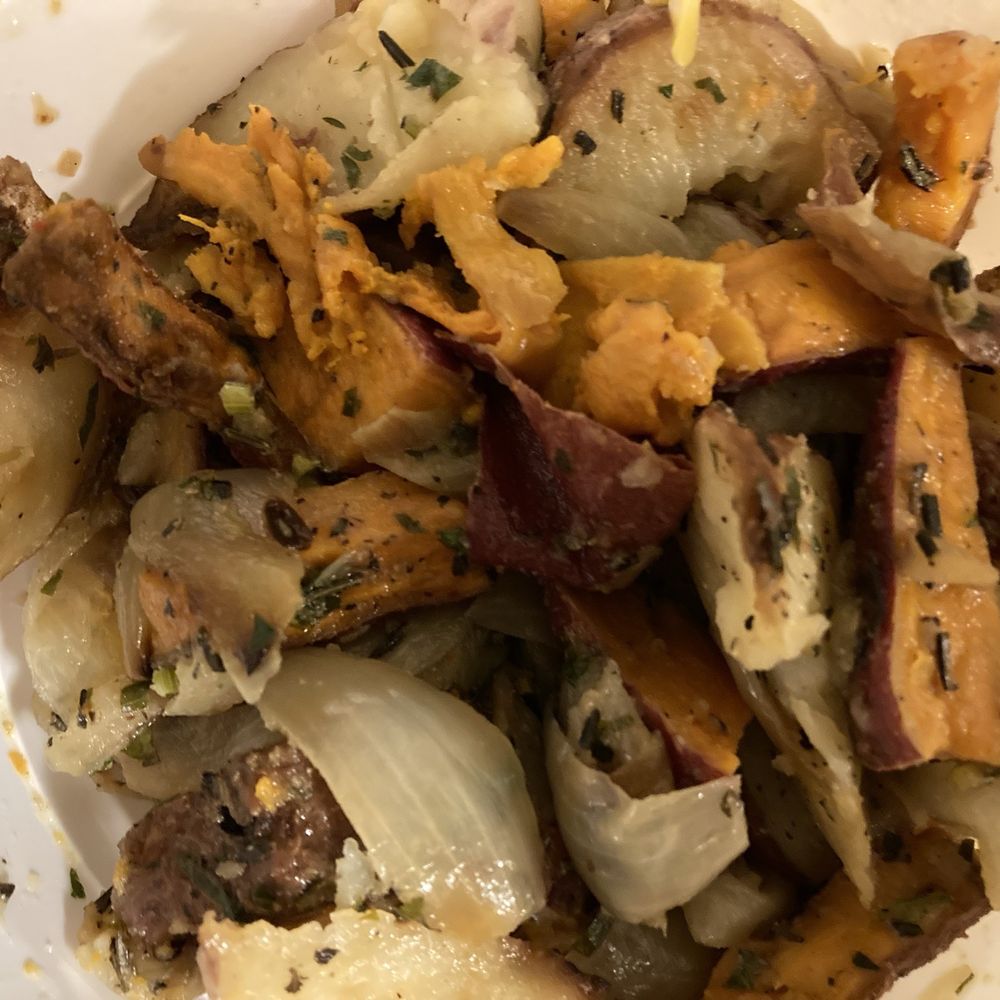Calif Chicken Cafe - Roasted potatoes on onions with sweet potato. - American Near Me - Northridge, California