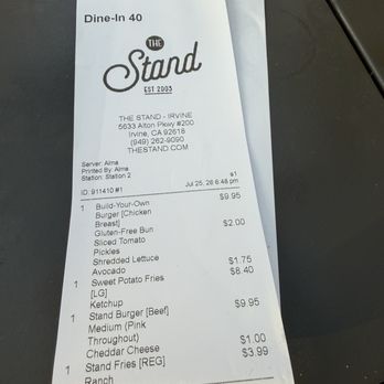 The Stand - American Classics Redefined - Receipt - New American Near Me - Irvine, California The Stand - American Classics Redefined - Receipt - New American Near Me - Irvine, California