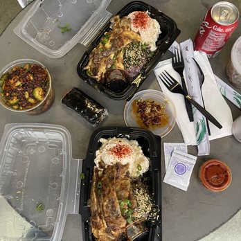 Broken Mouth - Plate lunch beef, bread pudding and cucumber kimchi. - Hawaiian Near Me - Los Angeles, California