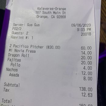 Kalaveras - Receipt of them tipping themselves with the servers name! - Mexican Near Me - Orange, California