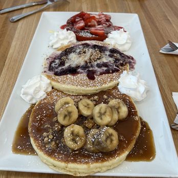 Scrambled - Mix & Match Pancakes (banana crunch, blueberry danish, and red velvet French toast) - Breakfast & Brunch Near Me - Henderson, Nevada Scrambled - Mix & Match Pancakes (banana crunch, blueberry danish, and red velvet French toast) - Breakfast & Brunch Near Me - Henderson, Nevada