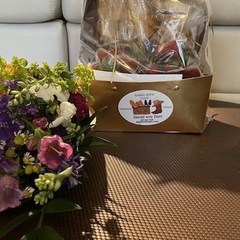 Bread and Zest - Challah gift basket with flowers - Bakeries Near Me
