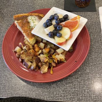 The Grafted Root Eatery - Sun-dried Tomato and Artichoke Quiche with Home Fries and Fruit Bowl. - New American Near Me - Grand Blanc, Michigan