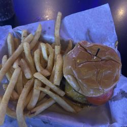 Bobby's Place - Famous Bob Cheeseburger with cheddar cheese, tomatoes, pickles and fries for my side.
