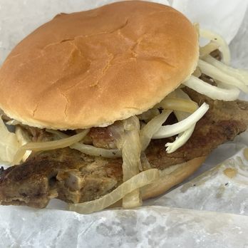 Jim's Original - Bone in Pork Chop Sandwich with onions and mustard - Hot Dogs Near Me - Chicago, Illinois