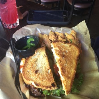 Smoke Bourbon and BBQ - Hot Mess Beef Brisket Sourdough sandwich with fried okra - Cocktail Bars Near Me - Columbus, Georgia