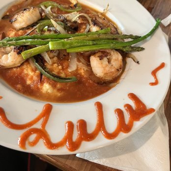 Lulu's - Shrimp and stone grits, with asparagus. - New American Near Me - Richmond, Virginia Lulu's - Shrimp and stone grits, with asparagus. - New American Near Me - Richmond, Virginia