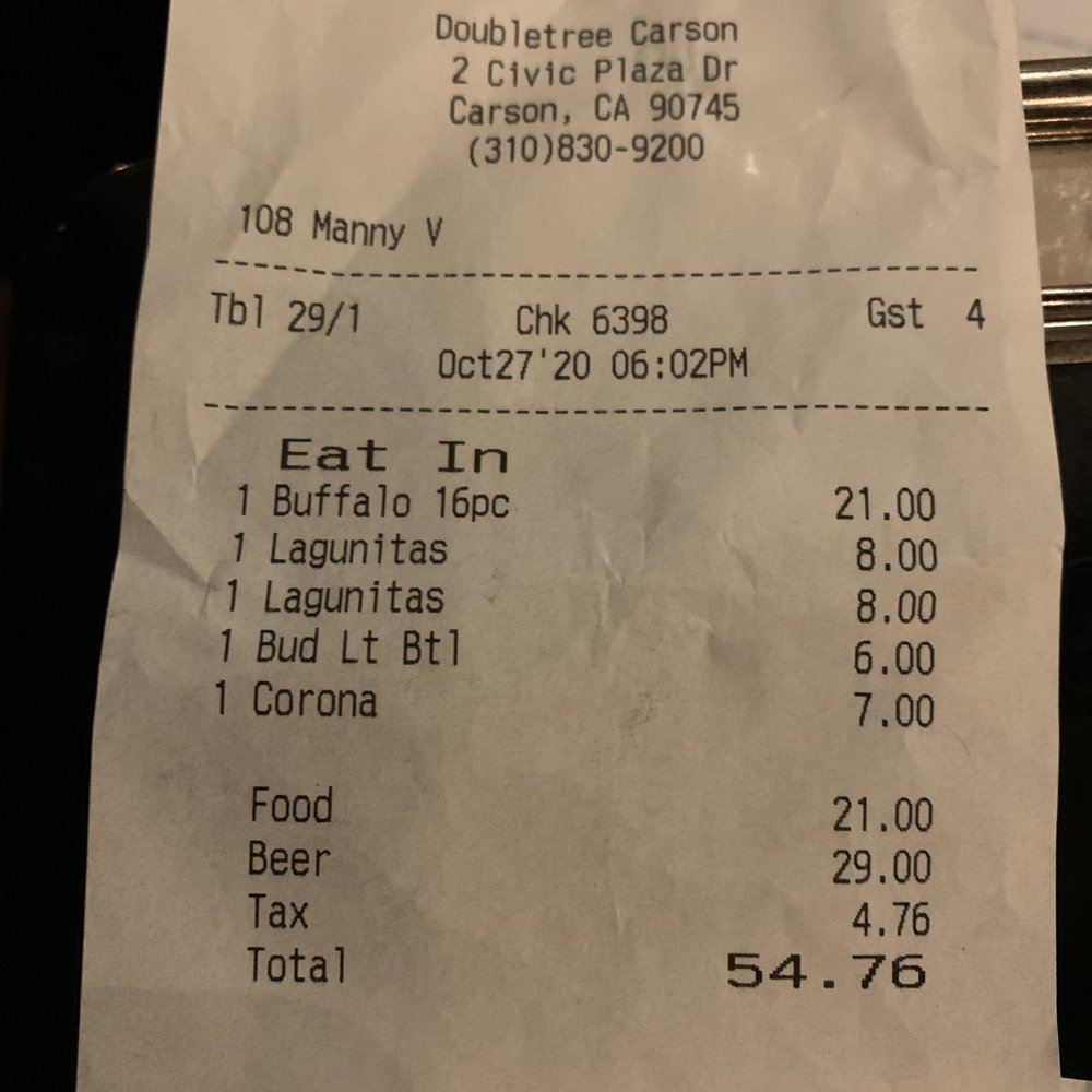 Scoreboard Lounge - a receipt for a restaurant - Lounges Near Me - Carson, California