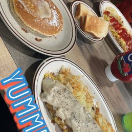 Southern Omelet served with hash browns & pancakes Southern Omelet served with hash browns & pancakes