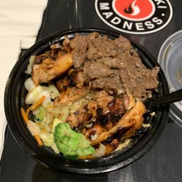 Teriyaki chicken with some weird uncooked beef-gravy stuff. Teriyaki chicken with some weird uncooked beef-gravy stuff.