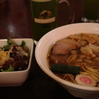 Hachioji Craft Ramen - Close-up of the Shoyu Duck Ramen, side salad, and Matcha Beer - Ramen Near Me - Los Angeles, California Hachioji Craft Ramen - Close-up of the Shoyu Duck Ramen, side salad, and Matcha Beer - Ramen Near Me - Los Angeles, California