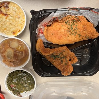 Ms. Ruby's Peach Cobbler Café Buckhead - Fried 2 Pieces Catfish Filet, Collard Greens, Mac N Cheese, and Peach Cobbler - Southern Near Me - Atlanta, Georgia