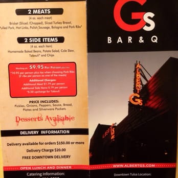 Albert G's BBQ - The front cover of their take with you menu. - Barbeque Near Me - Tulsa, Oklahoma