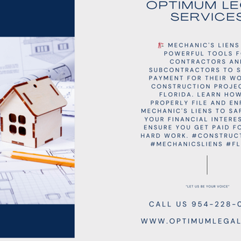 Optimum Legal Services - Contractors - secure your payments! Call us now at 954-228-0816 - Real Estate Law Near Me - Plantation, Florida Optimum Legal Services - Contractors - secure your payments! Call us now at 954-228-0816 - Real Estate Law Near Me - Plantation, Florida
