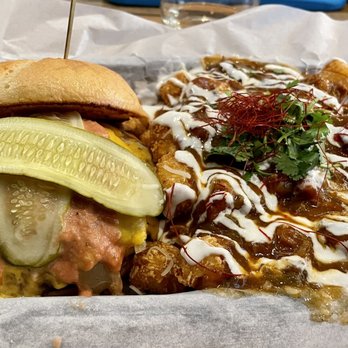 Stanley Beer Hall - Cheeseburger w/ green chili tots - Beer Gardens Near Me - Aurora, Colorado Stanley Beer Hall - Cheeseburger w/ green chili tots - Beer Gardens Near Me - Aurora, Colorado