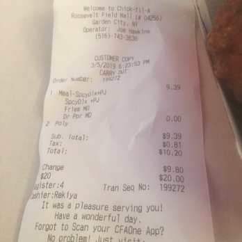 Chick-fil-A - The bill. One of the most economical meals at RFM - Fast Food Near Me - Garden City, New York Chick-fil-A - The bill. One of the most economical meals at RFM - Fast Food Near Me - Garden City, New York