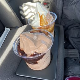 Chocolate ice cream with chocolate sauce and a half vanilla and half chocolate with caramel sauce. Chocolate ice cream with chocolate sauce and a half vanilla and half chocolate with caramel sauce.