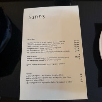 Sunn’s - Menu on April 5, 2026 - Wine Bars Near Me - New York, New York