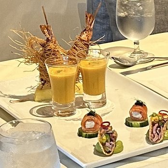 Chef Chai - Apps - Kataifi and Macnut Crusted Jumbo Black Tiger Prawns, Roasted Butternut Squash & Lobster Bisque Shooter, Gravlax Salmon Roulade - Asian Fusion Near Me - Honolulu, Hawaii