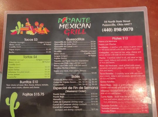 Menu photo 2 Picante Mexican Grill Painesville, OH