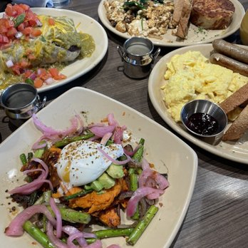 Snooze, an A.M. Eatery - sweet potato veggie smash up, snooze breakfast burrito, the snooze classic, three egg scramble - Breakfast & Brunch Near Me - Orange, California