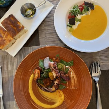 Decant - Course 1... melon gazpacho and charred Spanish octopus. House-made focaccia - New American Near Me - Medford, Oregon Decant - Course 1... melon gazpacho and charred Spanish octopus. House-made focaccia - New American Near Me - Medford, Oregon