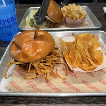 Backporch Drafthouse - Onion string burger - American Near Me - Lawton, Oklahoma