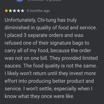 Chi Tung - I agree with this review 100%! They had a similar experience with their bags. Horrible customer service! - Chinese Near Me - Evergreen Park, Illinois Chi Tung - I agree with this review 100%! They had a similar experience with their bags. Horrible customer service! - Chinese Near Me - Evergreen Park, Illinois