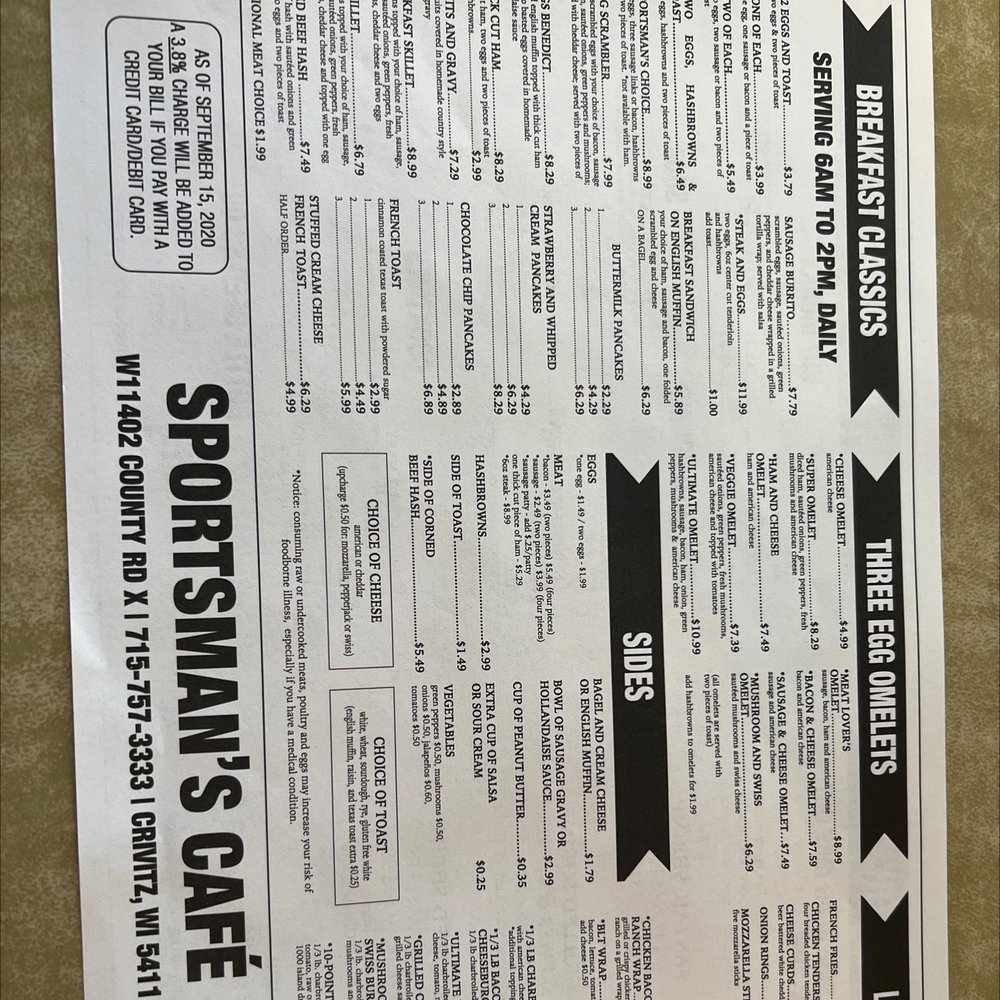 Sportsman's Café - Paper placemat menu. - Coffee & Tea Near Me - Crivitz, Wisconsin Sportsman's Café - Paper placemat menu. - Coffee & Tea Near Me - Crivitz, Wisconsin