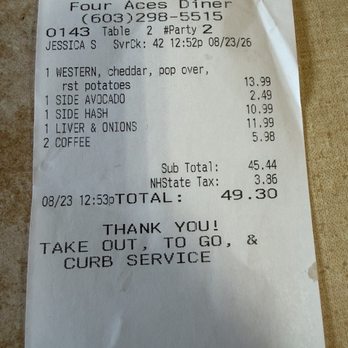 Four Aces Diner - Receipt - Diners Near Me - West Lebanon, New Hampshire