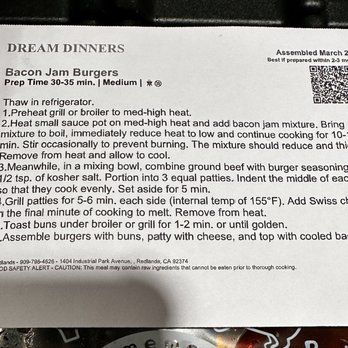 Dream Dinners - Redlands - You get a card that lists the order you make your meal and the temperature to cook your food and the length of time. - Specialty Food Near Me - Redlands, California Dream Dinners - Redlands - You get a card that lists the order you make your meal and the temperature to cook your food and the length of time. - Specialty Food Near Me - Redlands, California