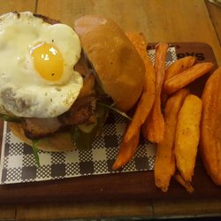 Sassafras Cafe Coffee Catering - Beef burger with bacon and egg with sweet potato fries... yummmmo.