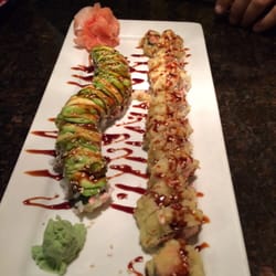 House of Sushi - Caterpillar roll on the left and tempura California roll on the right