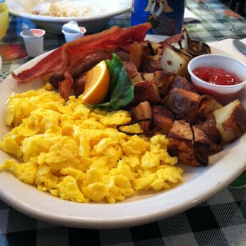 Grizzly Cafe - Grizzly Breakfast -- $9.99. 3 eggs, 2 slices of bacon, 2 sausage links, country potatoes, and a huge biscuit and gravy - American Near Me - Wrightwood, California