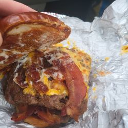 Wendy's - A Pretzel Bun baconator. Wasn't supposed to have cheese or mayo.