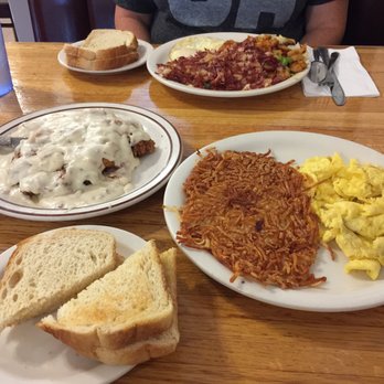 Cafe 126 - Top-corned beef hash, obrien taters, eggs, toast Bottom-chicken fried steak, hash browns, eggs, toast - Breakfast & Brunch Near Me - Ventura, California