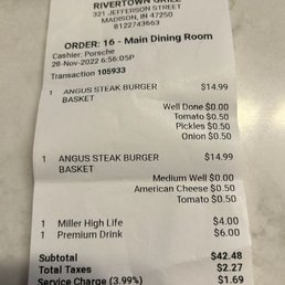 the receipt for the restaurant