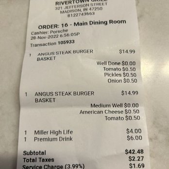 Rivertown Grill - the receipt for the restaurant - Burgers Near Me - Madison, Indiana