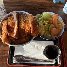Mixed Katsu Don- chicken and pork katsu. Side salad. Mixed Katsu Don- chicken and pork katsu. Side salad.